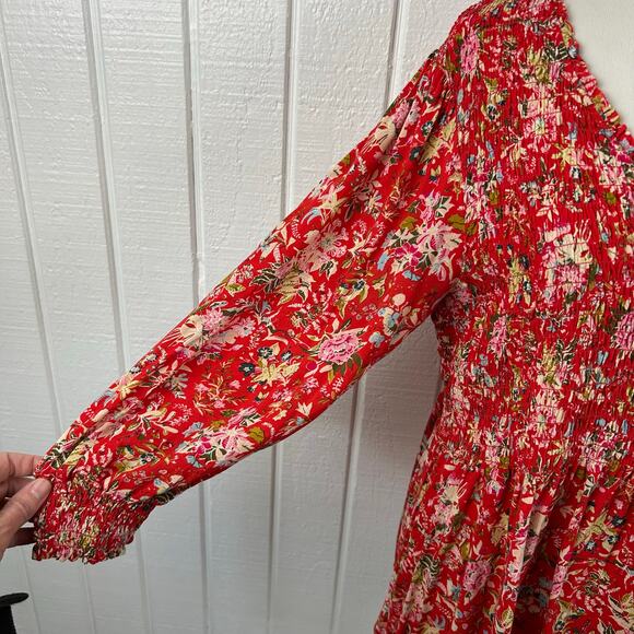 Rose + Olive Women Boho Hippie Long Sleeve Babydoll Top Blouse Red Size Large - Picture 2 of 7